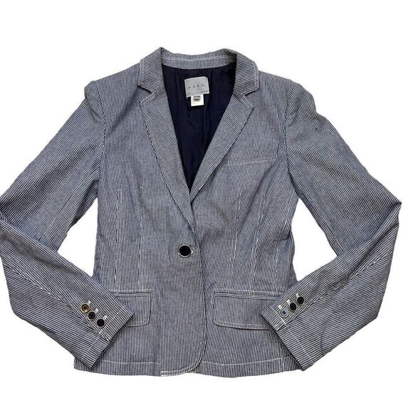 ADEC2 Philliphe Adec Brand Navy and White Pinstripe Single Button Blazer 4/38 - Picture 2 of 15